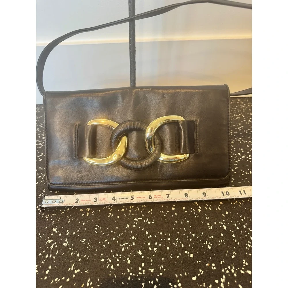 Michael Kors Black Leather Shoulder Bag Gold Interlocking Ring Detail Clutch - Picture 7 of 10